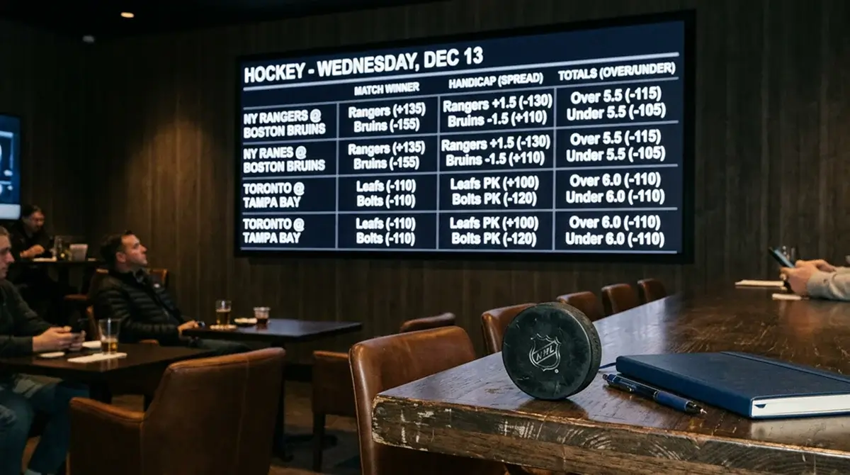 Close-up of an ice hockey odds board showing moneyline, puck line and totals markets