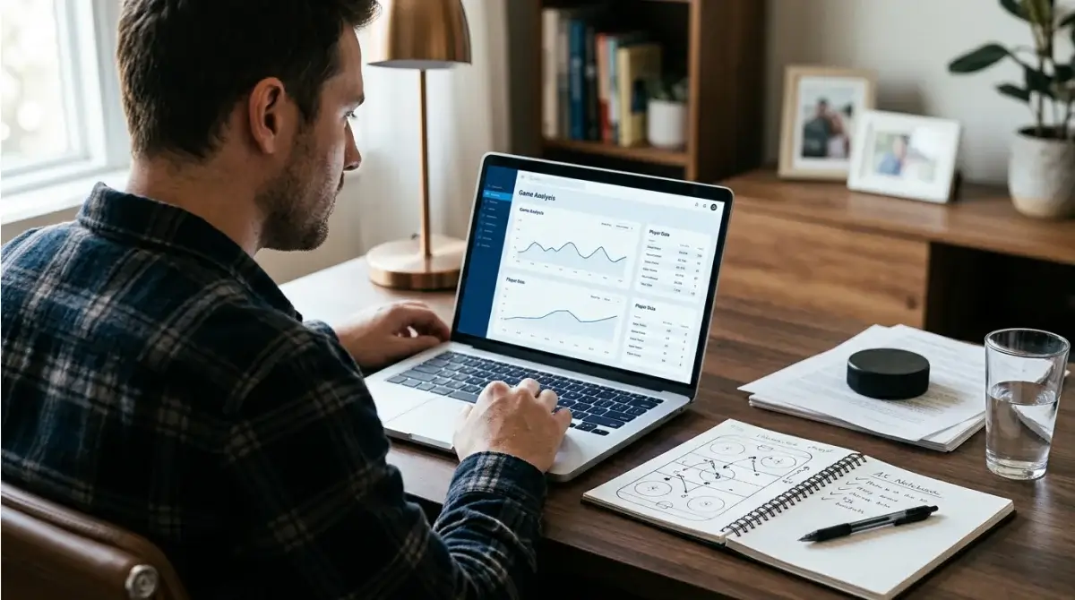 Hockey bettor reviewing line movement and goaltender stats on a laptop with notes alongside
