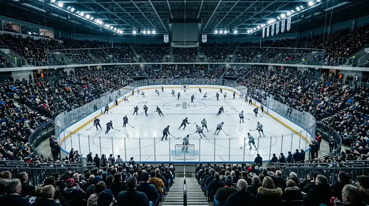 Wide view of a packed ice hockey arena with players warming up before face-off