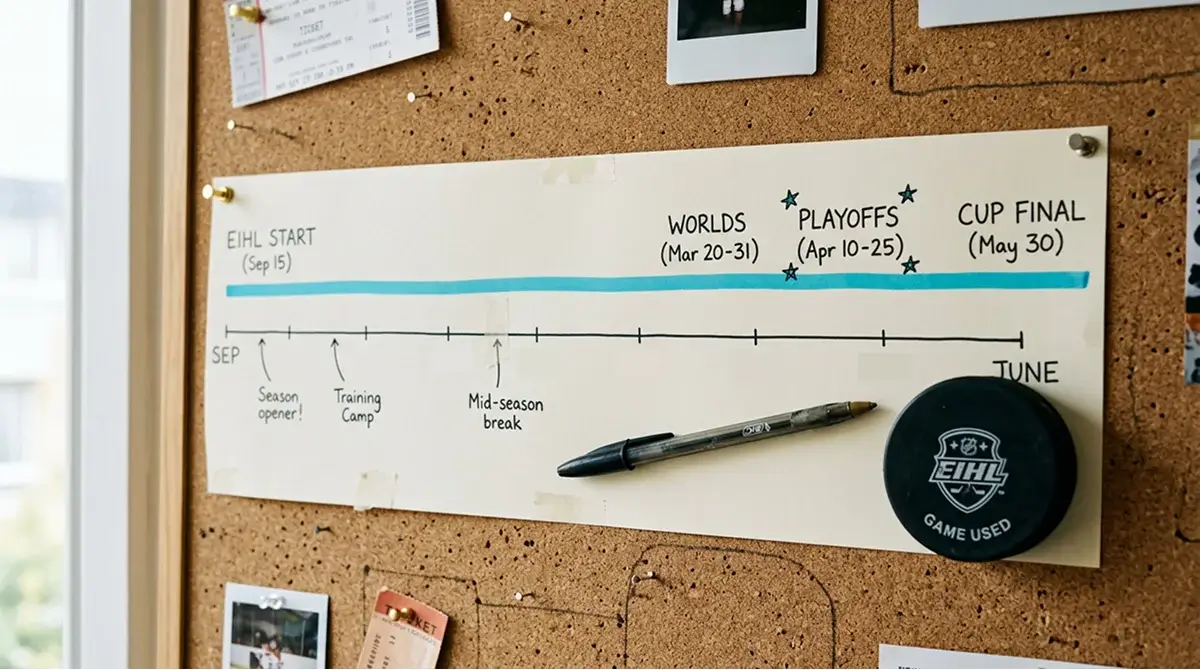 Wall planner annotated with ice hockey fixtures from October through April for NHL and EIHL betting windows